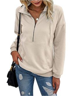 Womens Casual Long Sleeve Lapel Zipper Sweatshirt Drawstring Loose Pullover Tops