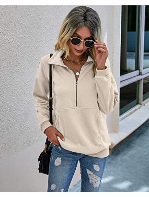 PRETTYGARDEN Women’s Casual Long Sleeve Lapel Zipper Sweatshirt Drawstring Loose Pullover Tops