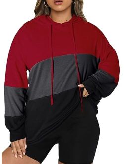 Eytino Women Plus Size Pullover Hoodie Colorblock Striped Long Sleeve Hooded Sweatshirt(1X-5X)