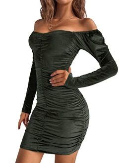 Women's Velvet Sweetheart Neck Long Sleeve Ruched Bodycon Mini Dress