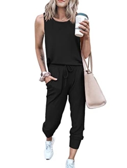 Womens Two Piece Outfit Sleeveless Crewneck Tops With Sweatpants Active Tracksuit Lounge Wear