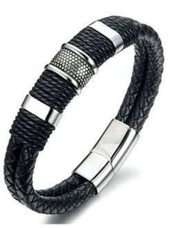 FIBO STEEL Stainless Steel Braided Leather Bracelet for Men Cuff Bracelet Magnetic Clasp 7.5-8.5 inches