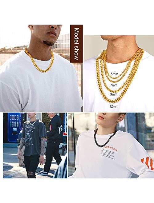 FindChic Men Curb Chain Necklace 18K Gold Plated/Stainless Steel/Black Chunky Double Tight Cuban Link Hip Hop Neck Chains for Men Boys 3.5MM/5MM/6MM/7MM/9MM/12MM 14''-30'
