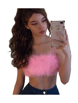 Anljed Women Rave Festival Feather Crop Tops Faux Fur Spaghetti Straps Tube Top for Concert Club Party