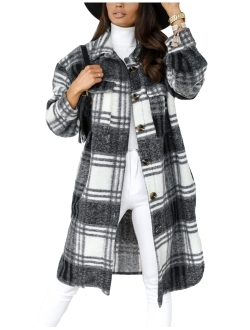 Omoone Women's Classic Flannel Oversized Mid Long Shacket Jacket with Pockets
