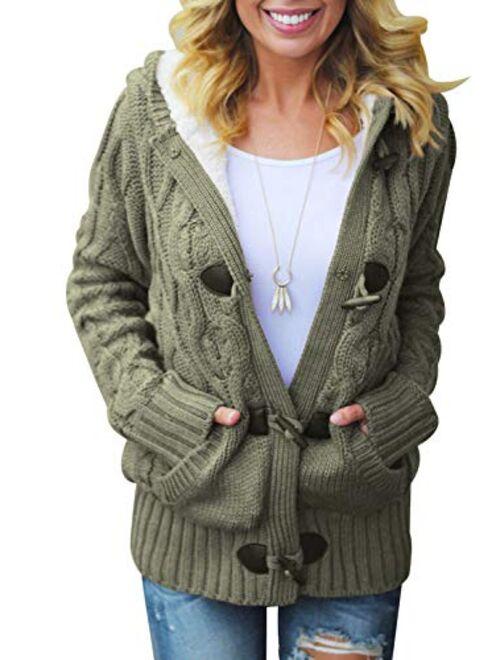 Dokotoo Womens Hooded Cardigans Button Up Cable Knit Sweater Coat Outerwear with Pockets