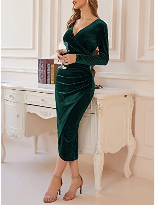 DIRASS Women's Elegant Velvet Long Sleeve Wrap V Neck Ruched Bodycon Cocktail Party Maxi Dress