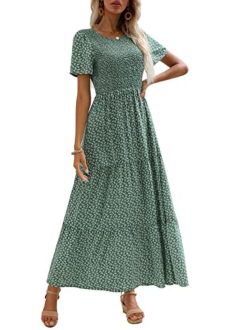 Zattcas Women Smocked Fitted Casual Short Sleeve Bohemian Floral Tiered Maxi Dress
