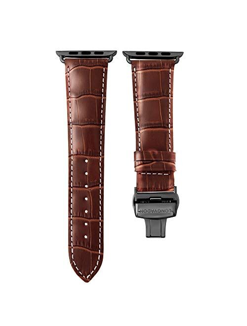 Longvadon Leather Luxury Apple Watch Bands for Men - Compatible with Apple Watch Series 1-7 (42, 44 & 45MM) - Genuine Apple Watch Leather Band - Caiman Series - Mahogany 