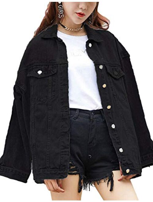 Omoone Women's Oversized Mid Long Denim Jacket Jean Biker Coat