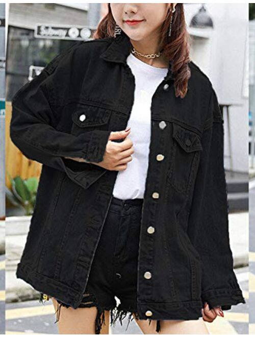 Omoone Women's Oversized Mid Long Denim Jacket Jean Biker Coat