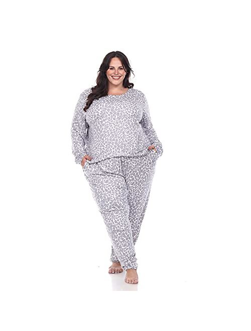 White Mark Women's Plus Size Long Sleeve and Pants Grey Cheetah Print Lounge Set