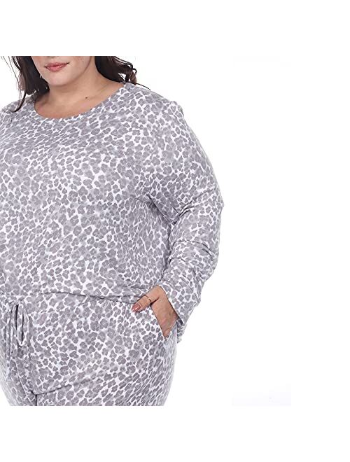 White Mark Women's Plus Size Long Sleeve and Pants Grey Cheetah Print Lounge Set