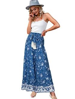 GRACEVINES Women’s Summer Boho Floral Wide Leg Pants Elastic High Waist Loose Casual Beach Palazzo Pants with Belt