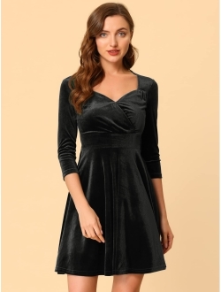 Women's Velvet Sweetheart Neck 3/4 Sleeves Fit and Flare Party Valentines Dress