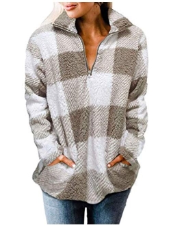 Women's Plaid Sherpa Fleece Zip Sweatshirt Long Sleeve Pullover Jacket