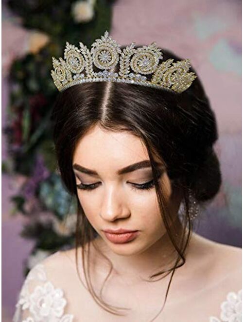 Jorsnovs Elegant Bridal Tiaras and Crowns Real Gold Plating Cubic Zirconia Wedding Hair Accessories CZ Crystal Party Prom Hair Jewelry Headpieces