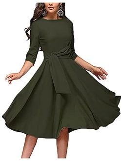 Fenjar Women's Elegance Audrey Hepburn Style Ruched Dress Round Neck 3/4 Sleeve Swing Midi A-line Dresses