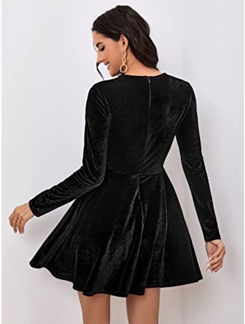 MakeMeChic Women's Elegant Velvet Long Sleeve A Line Swing Short Party Dress