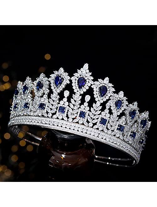 Jorsnovs 5A Level Cubic Zirconia Bridal Tiaras and Crowns Large CZ Headpiece Zircon Wedding Hair Jewelry Accessories for Women Girls (Blue)