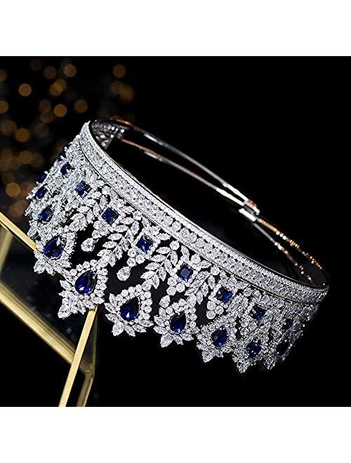 Jorsnovs 5A Level Cubic Zirconia Bridal Tiaras and Crowns Large CZ Headpiece Zircon Wedding Hair Jewelry Accessories for Women Girls (Blue)