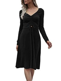 Linsery Women's Velvet Deep V Neck Long Sleeve Knee-Length Elegant Swing Party Cocktail Dress