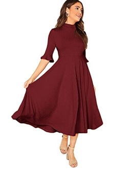 Women's Elegant Ribbed Knit Bell Sleeve Fit and Flare Midi Dress