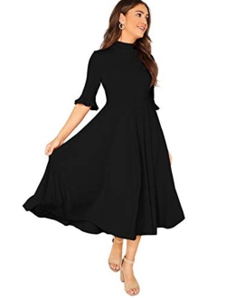 Women's Elegant Ribbed Knit Bell Sleeve Fit and Flare Midi Dress
