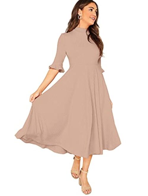 Verdusa Women's Elegant Ribbed Knit Bell Sleeve Fit and Flare Midi Dress