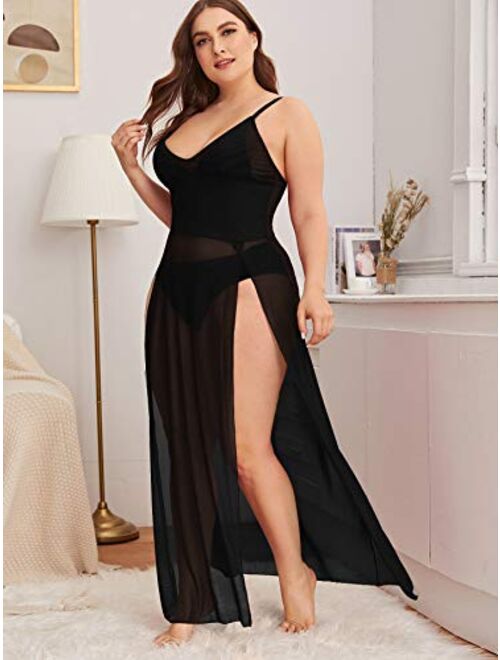 SOLY HUX Women's Plus Size Split Long Mesh Lingerie Dress Babydoll Chemise