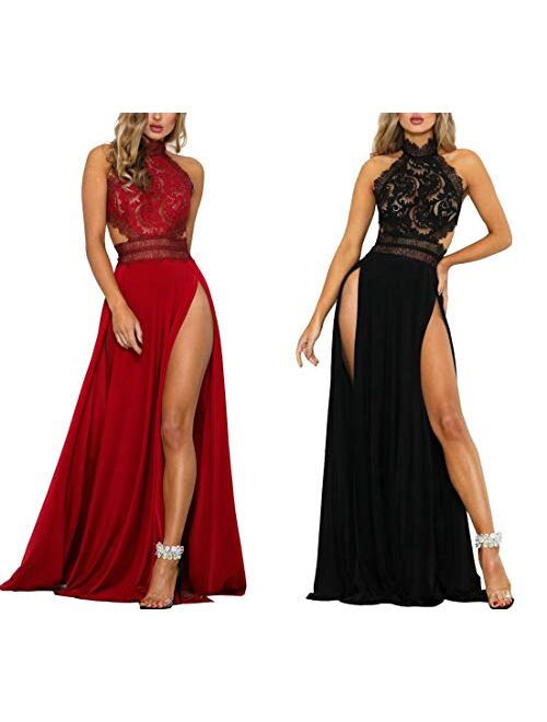 Kearia Women Sexy Floral Mesh Lace See Through Backless High Split Evening Party Maxi Dress
