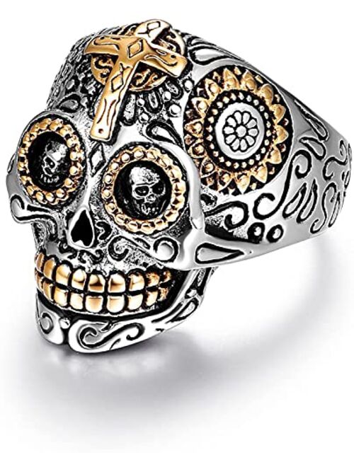 Laoyou Sugar Skull Rings for Men Women, Stainless Steel Day of the Dead Mens Jewelry, Cool Biker Gothic Ring Christmas Gifts