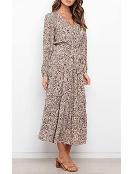 PRETTYGARDEN Women’s Long Sleeve V Neck Leopard Print Ruffle Tiered Maxi Dress Tie Waist Boho Chiffon Flowy Long Dress