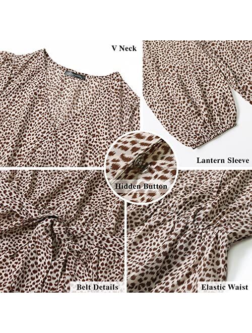 PRETTYGARDEN Women’s Long Sleeve V Neck Leopard Print Ruffle Tiered Maxi Dress Tie Waist Boho Chiffon Flowy Long Dress
