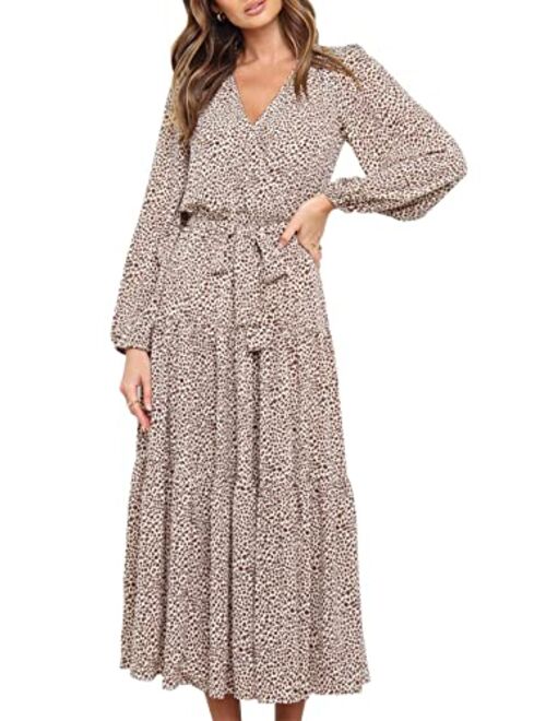PRETTYGARDEN Women’s Long Sleeve V Neck Leopard Print Ruffle Tiered Maxi Dress Tie Waist Boho Chiffon Flowy Long Dress