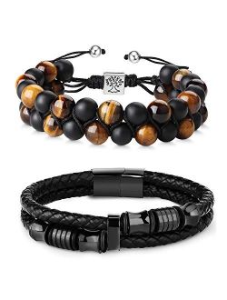 FIBO STEEL Beaded Bracelets Set Natural Stone Tiger Eye Mens Braided Leather Bracelet Bangle Rope
