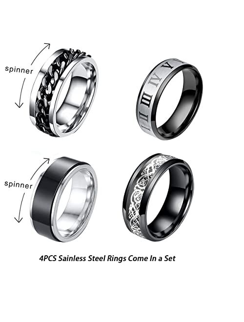 yfstyle 4PCS Plain Band Rings for Men Stainless Steel Rings for Men Wedding Ring Cool Spinner Rings for Men Black Stainless Steel Ring Set Anxiety Ring Fidget Size 6-12