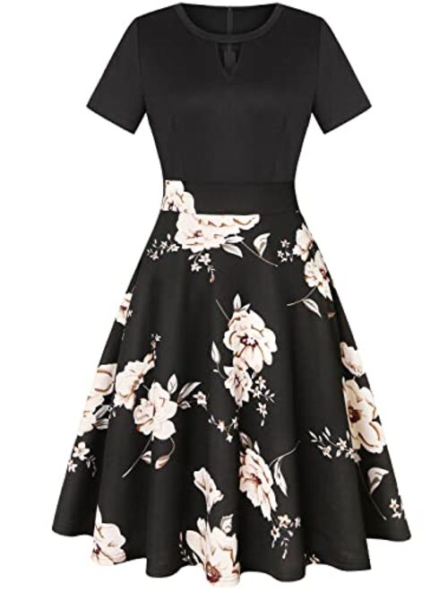 IHOT Women's Vintage Floral Flared A-Line Swing Casual Party Dresses with Pockets