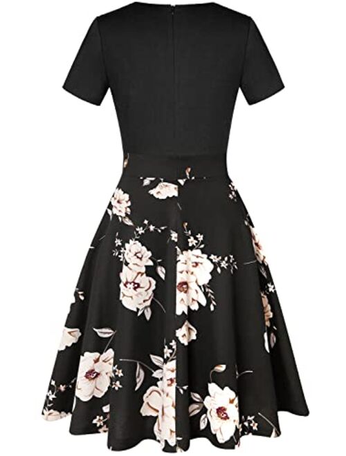 IHOT Women's Vintage Floral Flared A-Line Swing Casual Party Dresses with Pockets