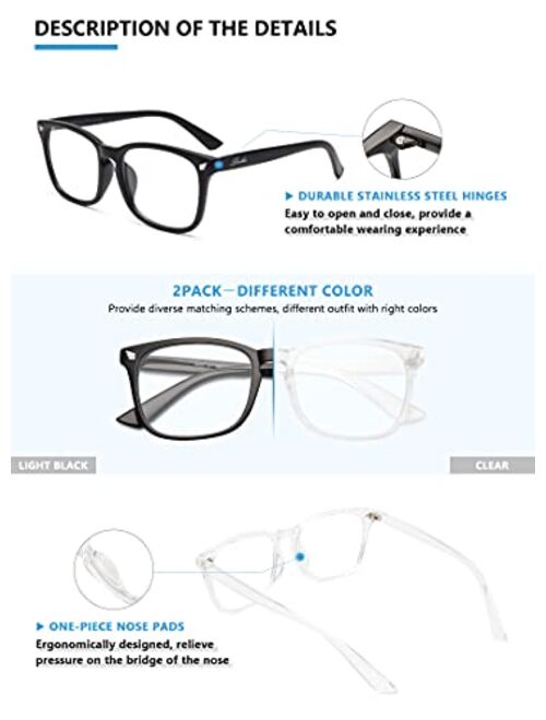 livho 2 Pack Blue Light Blocking Glasses, Computer Reading/Gaming/TV/Phones Glasses for Women Men,Anti Eyestrain & UV Glare (Light Black+Clear)