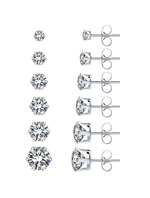 UHIBROS 6 Pairs Stainless Steel Stud Earrings Set Hypoallergenic Cubic Zirconia 18K White Gold 316L CZ Earrings