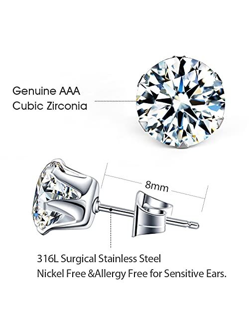UHIBROS 6 Pairs Stainless Steel Stud Earrings Set Hypoallergenic Cubic Zirconia 18K White Gold 316L CZ Earrings