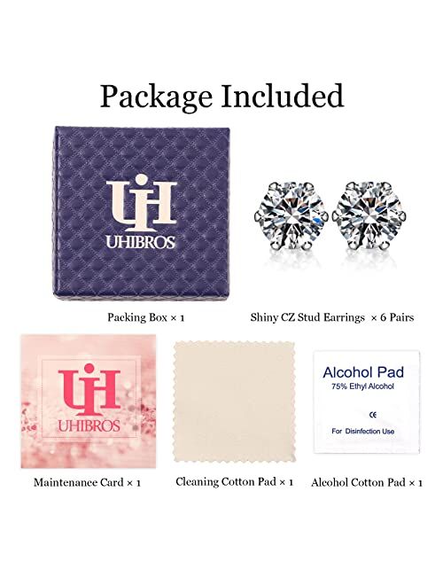 UHIBROS 6 Pairs Stainless Steel Stud Earrings Set Hypoallergenic Cubic Zirconia 18K White Gold 316L CZ Earrings