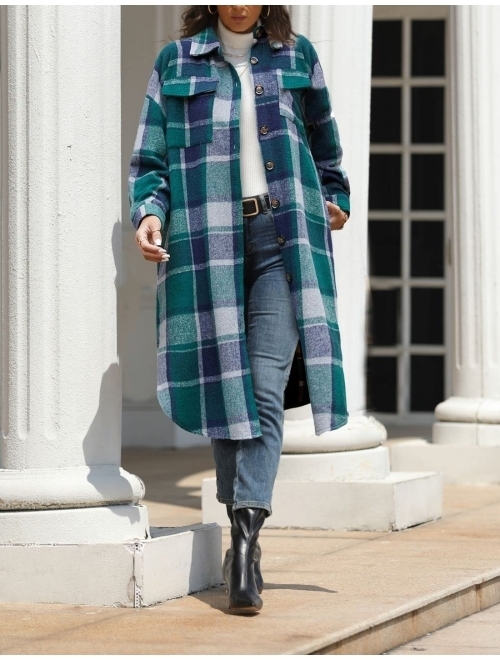 FindThy Women’s Mid Long Plaid Shacket Wool Blend Button Down Shirt Jacket Coat with Pockets