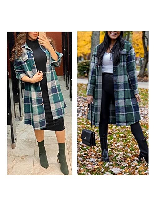 FindThy Women’s Mid Long Plaid Shacket Wool Blend Button Down Shirt Jacket Coat with Pockets
