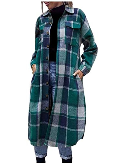 FindThy Women’s Mid Long Plaid Shacket Wool Blend Button Down Shirt Jacket Coat with Pockets