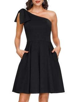 JASAMBAC Women's Bow One Shoulder Dress with Pockets A-line Cocktail Party Dress