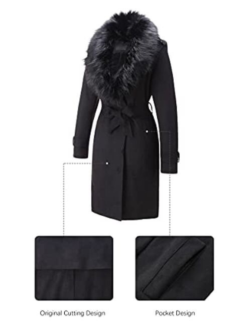 Bellivera Womens Faux Suede Leather Long Jacket, Fall and Winter Fashion Trench Coat Cardigan with Detachable Fur Collar