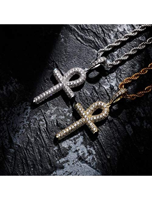 TOPGRILLZ 14K Gold Plated Iced Out CZ Lab Diamond Ankh Cross Egyptian Pendant for Men and Women with 24" Stainless Steel Chain Necklace