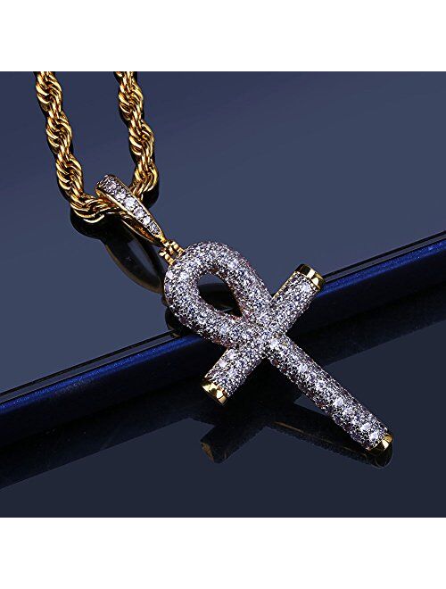 TOPGRILLZ 14K Gold Plated Iced Out CZ Lab Diamond Ankh Cross Egyptian Pendant for Men and Women with 24" Stainless Steel Chain Necklace